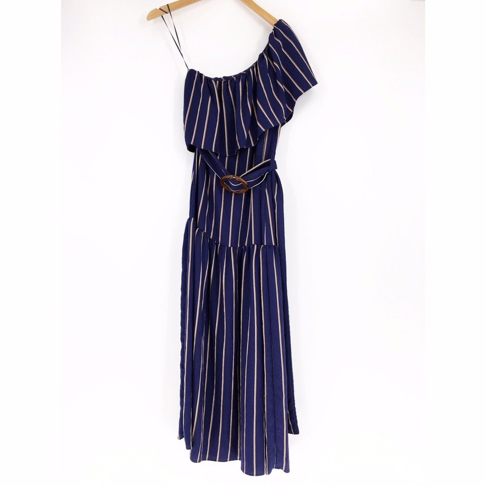 Topshop The Sicily Stripe One Shoulder Flounce Midi Dress Womens Size 2